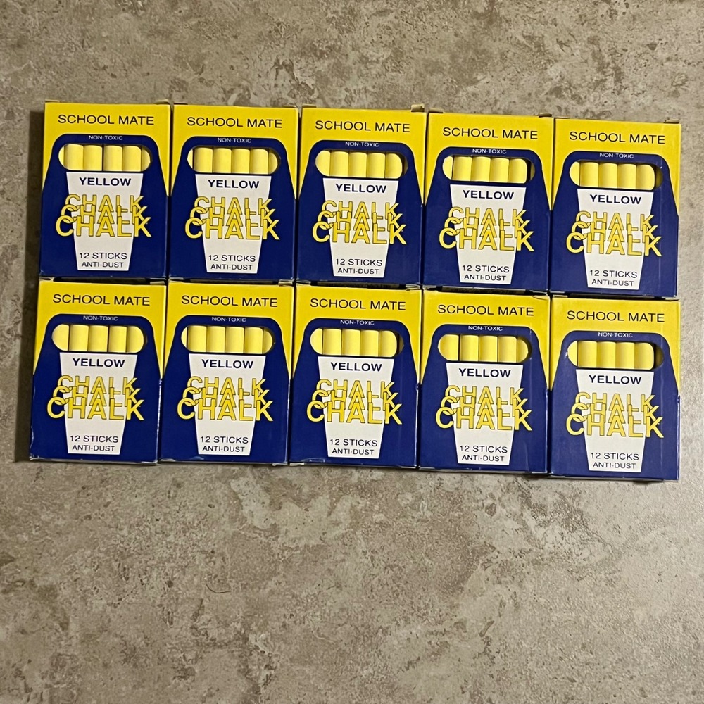 School Mate Yellow Chalk 10 Boxes 120 Sticks Anti-Dust Non-Toxic 110-312 Vintage